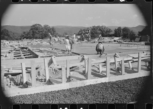 Untitled photo, possibly related to: Construction work on new community building, Tygart Valley Homesteads, West Virginia