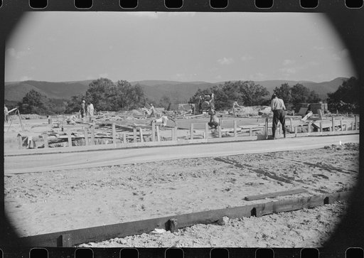 Untitled photo, possibly related to: Construction work on new community building, Tygart Valley Homesteads, West Virginia