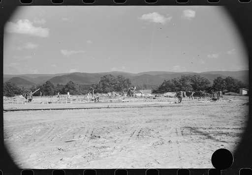 Untitled photo, possibly related to: Construction work on new community building, Tygart Valley Homesteads, West Virginia