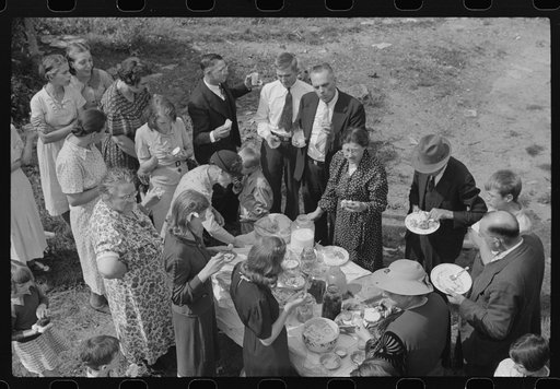 Sunday school picnic. Much of the food brought into abandoned mining town of Jere, West Virginia by "neighboring folk" from other parishes. There is a great deal of "hard feelings" and many fights between Catholics and Protestants. Miners as a whole are not very religious, many not having any connec