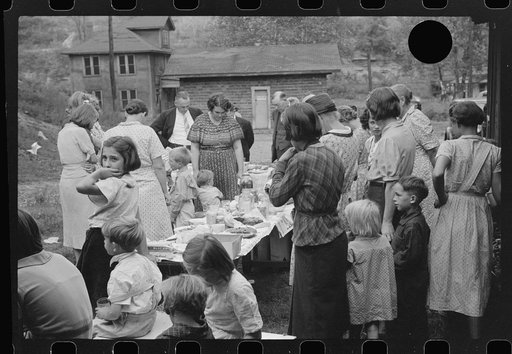 Untitled photo, possibly related to: Prayer, or grace, at Sunday school picnic in abandoned mining town of Jere, West Virginia