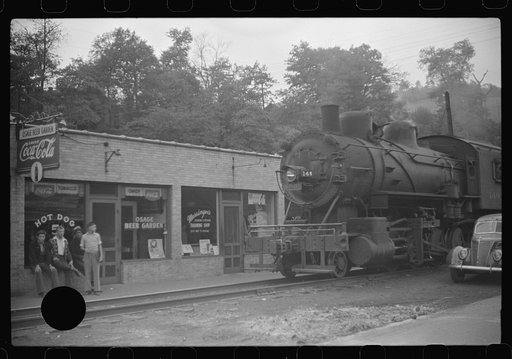 Untitled photo, possibly related to: Train pulling coal through center of town morning and evenings, Osage, West Virginia