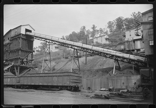 Part of coal mine tipple with workers' homes in background. Pursglove Cleaning Plant No. 2, West Virginia