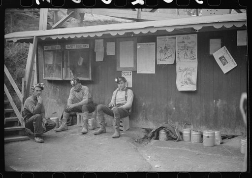 Untitled photo, possibly related to: Coal miners waiting for next trip into the mine, Maidsville, West Virginia