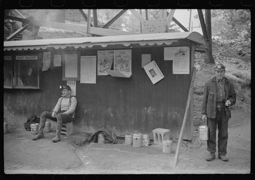 Coal miners waiting for next trip into the mine, Maidsville, West Virginia