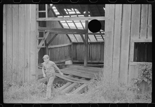 Untitled photo, possibly related to: Playing in an old deserted barn on hill near mines, Chaplin, West Virginia