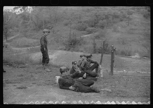 Coal miners waiting for the night shift to go in. Bertha Hill, West Virginia