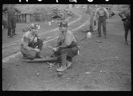 Untitled photo, possibly related to: Coal miners waiting for the night shift to go in. Bertha Hill, West Virginia
