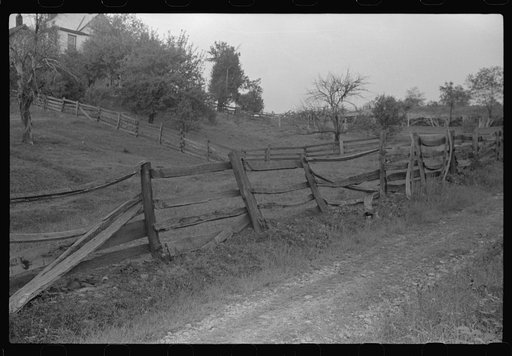 Old fences around farm in coal mining section near Scott's Run, West Virginia