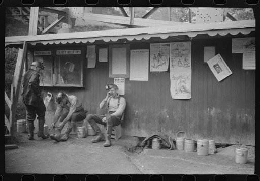 Untitled photo, possibly related to: Coal miners waiting for next trip into the mine, Maidsville, West Virginia
