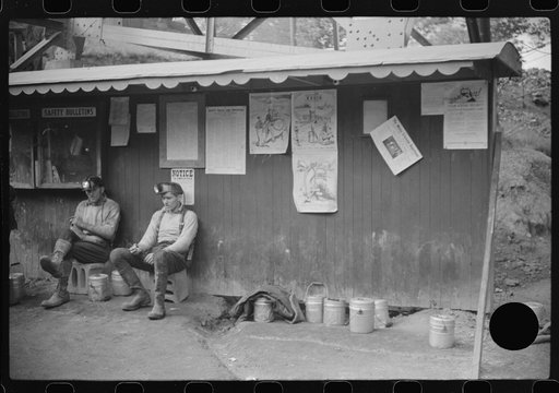 Untitled photo, possibly related to: Coal miners waiting for next trip into the mine, Maidsville, West Virginia