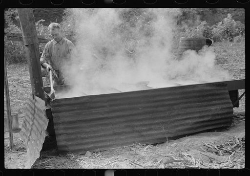Untitled photo, possibly related to: Racine, West Virginia. Making molasses is hot work