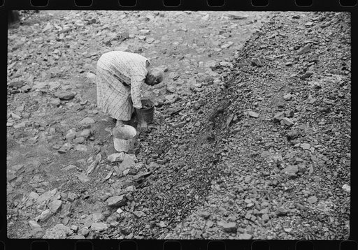 Untitled photo, possibly related to: Negro woman picking up coal from old slate heaps in mining community. The "Patch," Cassville, West Virginia
