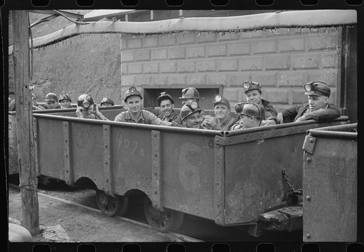 Untitled photo, possibly related to: The next "trip." Coal miners ready to go into the mine. Maidsville, West Virginia