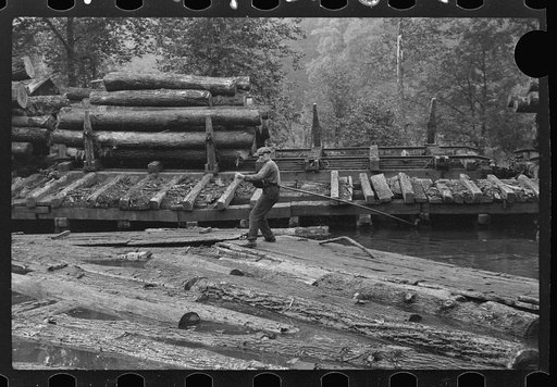 Untitled photo, possibly related to: Pushing the logs toward the sawmill, Erwin, West Virginia