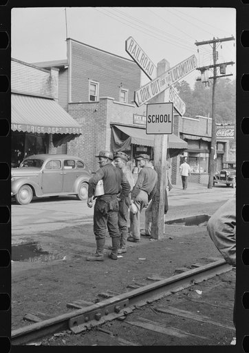 Coal miners waiting for bus to go home, Osage, West Virginia