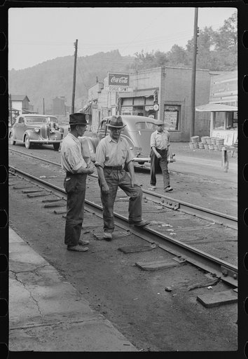 Untitled photo, possibly related to: Coal miners waiting for bus to go home, Osage, West Virginia
