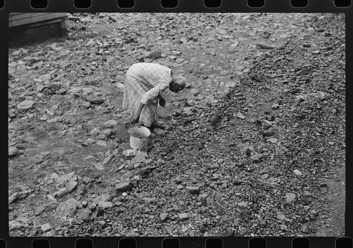 Untitled photo, possibly related to: Negro woman picking up coal from old slate heaps in mining community. The "Patch," Cassville, West Virginia