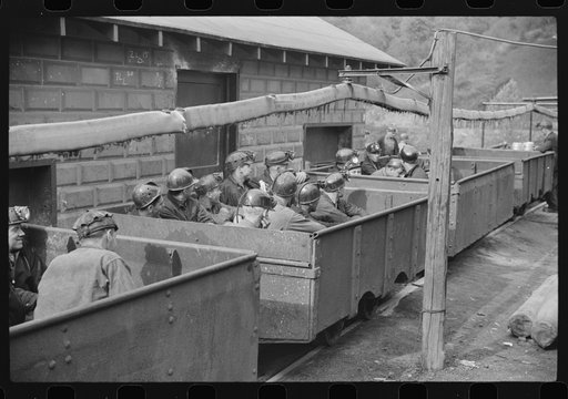 Coal miners in cars ready for next "trip" into mines, Maidsville, West Virginia
