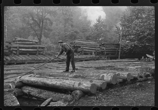 Untitled photo, possibly related to: Men spiking logs to go up ramp into sawmill. It was working only halftime and was even slower in winter.  "It's kinder hard them times. Concrete and steel's taking the place of lumber nowadays. Erwin, West Virginia