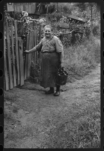 Hungarian miner's wife bringing home coal for the stove from slate pile. Coal camp, Chaplin, West Virginia