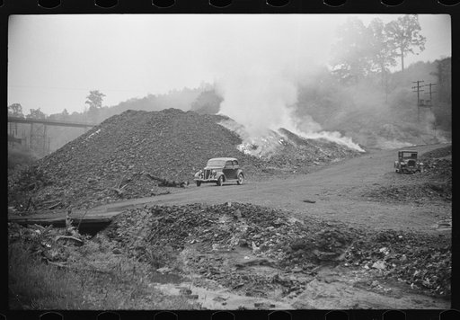 Burning slag near coal mine, Scotts Run, West Virginia