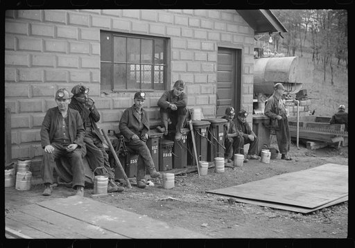 Coal miners waiting for next "trip" into the mines. Maidsville, West Virginia