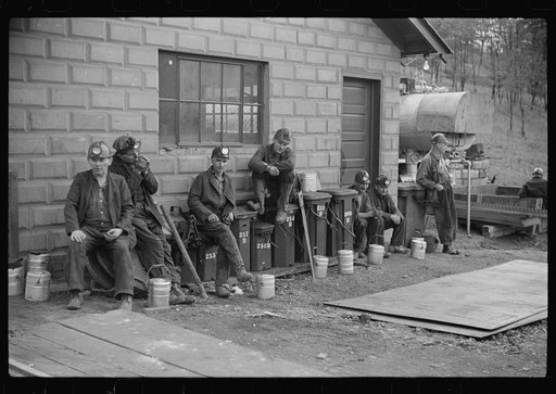 Untitled photo, possibly related to: Coal miners waiting for next "trip" into the mines. Maidsville, West Virginia