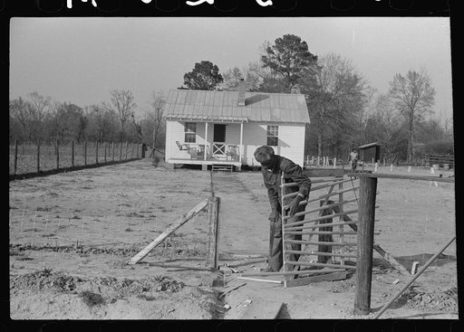 FSA (Farm Security Administration) borrower building a new gate for his yard, Prairie Farms, Montgomery, Alabama
