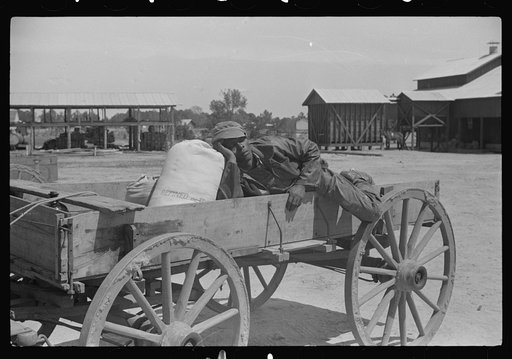 Outside the cooperative store on Saturday morning, Gees Bend, Alabama. Man in wagon is Earl Lee Young