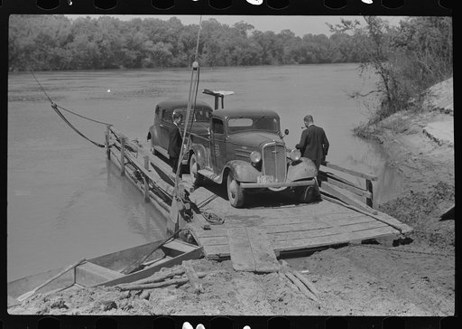 Project mamager's truck coming across on ferry from Camden to Gees Bend, Alabama