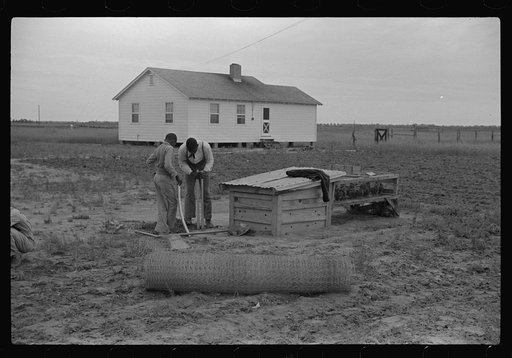 Sixth and seventh grade boys constructing poultry yard fence. Brooder was built in their shop class at school. Flint River Farms, Georgia