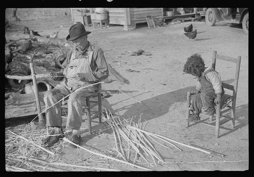 Untitled photo, possibly related to: Mixed-breed Indian, white and Negro, near Pembroke Farms, making new chair seat. North Carolina