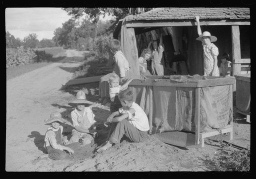 Untitled photo, possibly related to: Children of sharecropper sitting near tobacco shed, outside house, near Manning, South Carolina