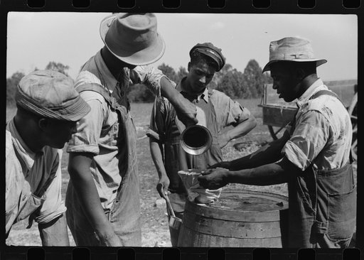 A portable cane mill. The owner gets every sixth gallon for making the sorghum syrup. This is on the property of a Negro owner, Wess Cris, a tobacco farm of about 165 acres in a prosperous Negro settlement near Carr, Orange County, North Carolina. They are straining it into a barrel, measured by a g