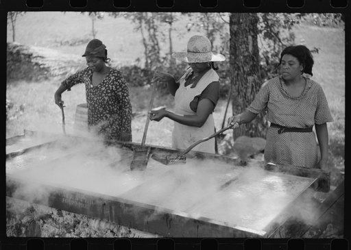 Skimming the boiling cane juice to make sorghum syrup at cane mill near Carr, Orange County, North Carolina
