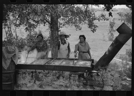 Skimming the boiling cane juice to make sorghum syrup at cane mill near Carr, Orange County, North Carolina