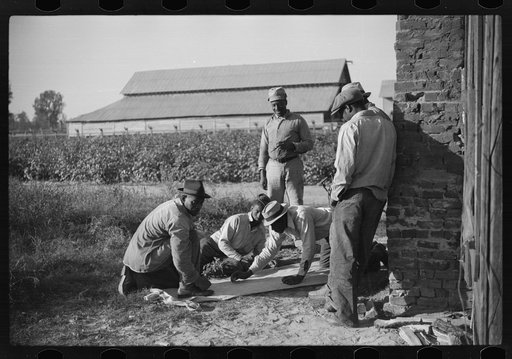 Untitled photo, possibly related to: Negroes shooting craps behind tenant house, disposing of their cotton money on Saturday afternoon, Marcella Plantation, Mileston, Mississippi Delta, Mississippi