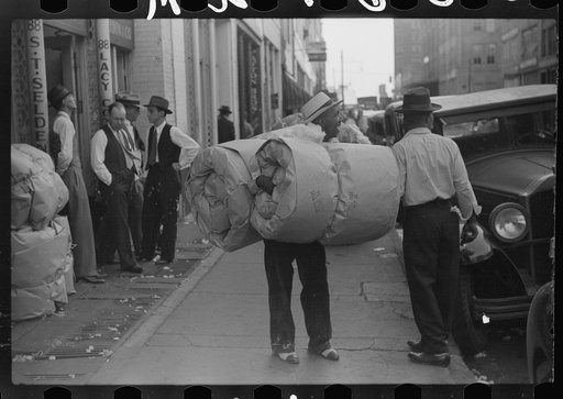 Cotton samples being taken to one of the broker's offices for sampling and classing rooms in brokers' offices on Cotton Row, Front Street, Memphis, Tennessee