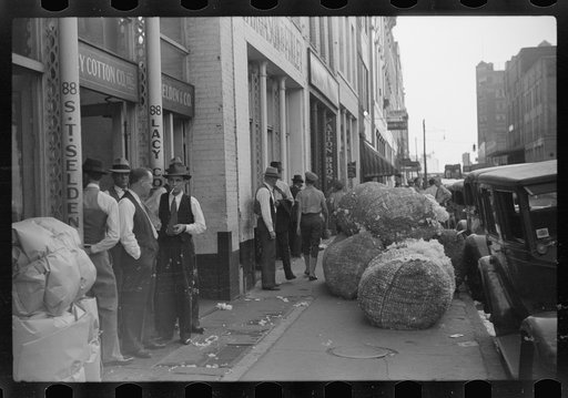 Cotton "snakes," waste cotton picked from floors of sampling and classing rooms in brokers' offices on Cotton Row, Front Street, Memphis, Tennessee