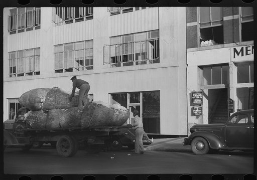 Untitled photo, possibly related to: Cotton "snake," waste cotton on sidewalk, and cotton samples being carried to sampling and classing rooms in broker's office on Cotton Row, Front Street, Memphis, Tennessee