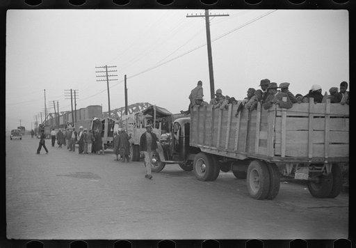 Untitled photo, possibly related to: Day laborers being hired for cotton picking on Mississippi and Arkansas plantations. Between four and six-thirty every morning during the season, near the Hallan Bridge in Memphis, Tennessee, crowds of Negroes in the streets gather and are loaded into trucks by d