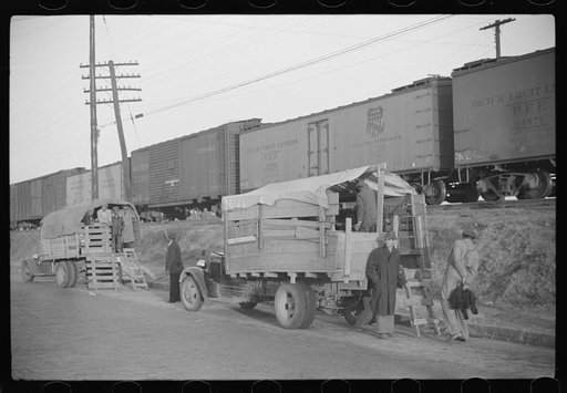 Untitled photo, possibly related to: Day laborers being hired for cotton picking on Mississippi and Arkansas plantations. Between four and six-thirty every morning during the season, near the Hallan Bridge in Memphis, Tennessee, crowds of Negroes in the streets gather and are loaded into trucks by d