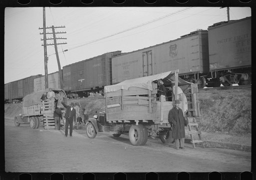 Untitled photo, possibly related to: Day laborers being hired for cotton picking on Mississippi and Arkansas plantations. Between four and six-thirty every morning during the season, near the Hallan Bridge in Memphis, Tennessee, crowds of Negroes in the streets gather and are loaded into trucks by d