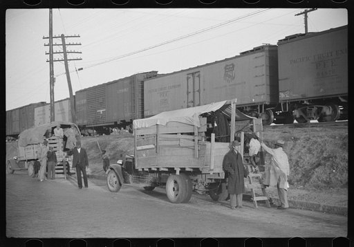 Day laborers being hired for cotton picking on Mississippi and Arkansas plantations. Between four and six-thirty every morning during the season, near the Hallan Bridge in Memphis, Tennessee, crowds of Negroes in the streets gather and are loaded into trucks by drivers who bid, and offer them anywhe
