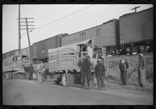 Untitled photo, possibly related to: Day laborers being hired for cotton picking on Mississippi and Arkansas plantations. Between four and six-thirty every morning during the season, near the Hallan Bridge in Memphis, Tennessee, crowds of Negroes in the streets gather and are loaded into trucks by d