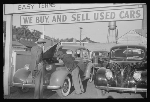 Untitled photo, possibly related to: Used car lot, Clarksdale, Mississippi Delta, Mississippi. Big sales go on after cotton picking season to get the money the cotton pickers have made. Many of the pickers buy new or used cars with their cotton money