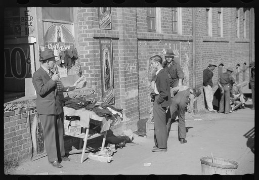 Selling socks and neckties outside tobacco warehouse, Durham, North Carolina