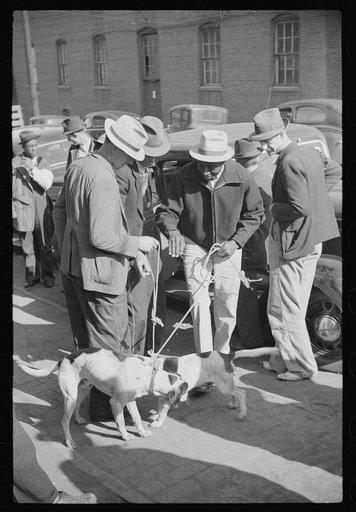 Farmer selling hound dogs outside tobacco warehouse during auction sales, Durham, North Carolina