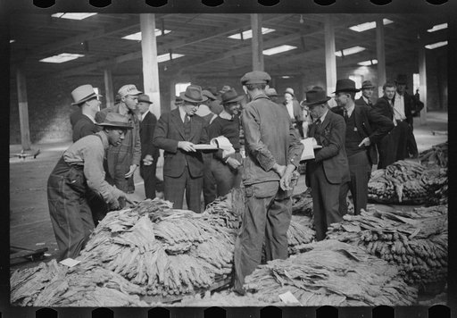 Bookmen following the sale and checking the price of the tobacco for the warehouse, Durham, North Carolina